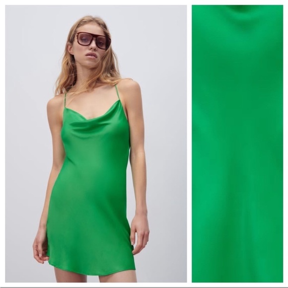 Zara Short Satin Effect Dress Green - Picture 14 of 14